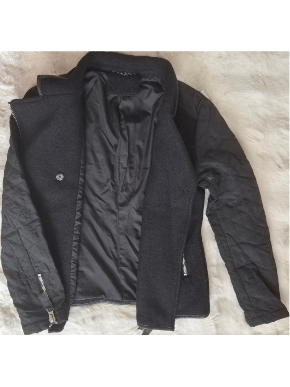 Womens 100% Wool Moto Jacket M Black Quilted Biker Faux Leather Zip Streetwear - Picture 7 of 10